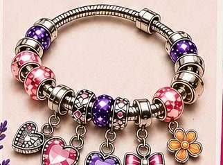 A silver charm bracelet strung with pink and purple beads and heart, bow and flower charms.